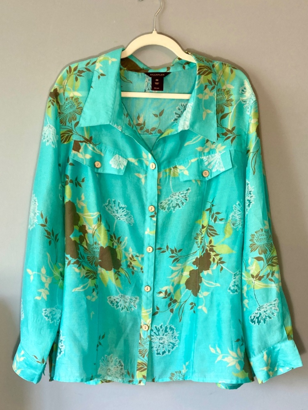 Multiples Women's 3X Turquoise Floral  Blouse Long Sleeve or Roll 3/4 Button